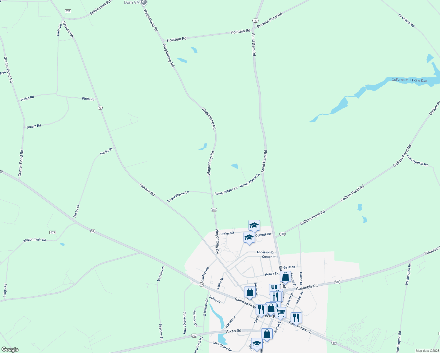 map of restaurants, bars, coffee shops, grocery stores, and more near 224 Wagontong Road in Wagener