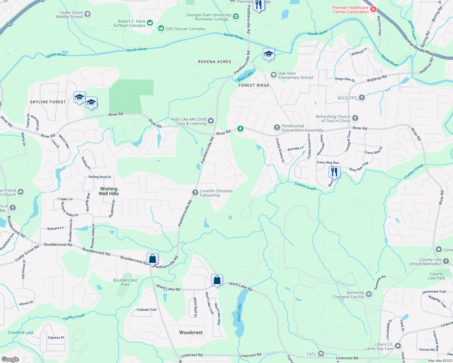 map of restaurants, bars, coffee shops, grocery stores, and more near 3886 Cedar Trace Lane in Ellenwood