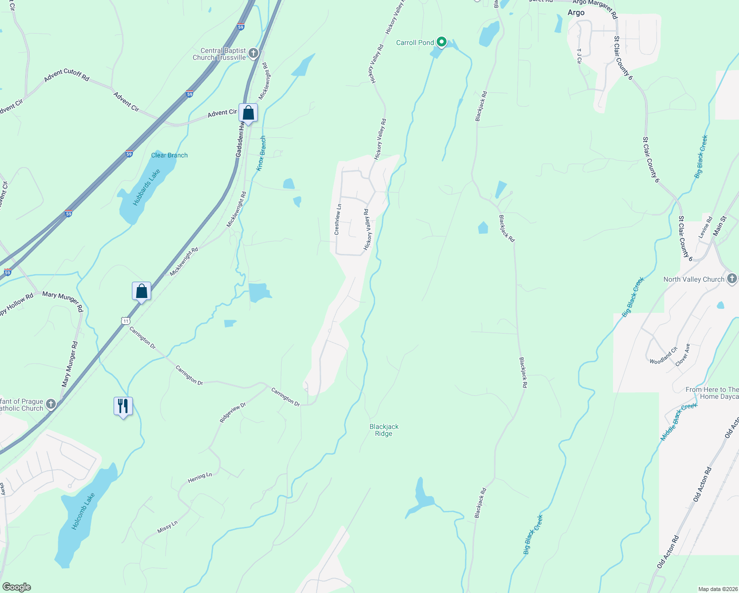 map of restaurants, bars, coffee shops, grocery stores, and more near 1008 Lucy Circle in Trussville