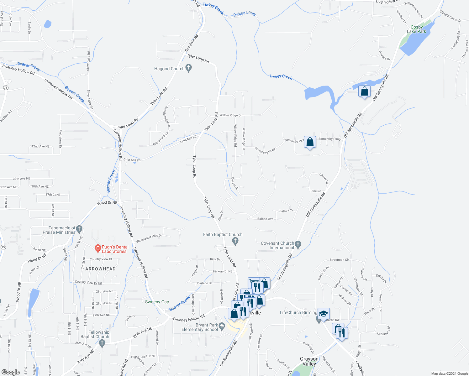 map of restaurants, bars, coffee shops, grocery stores, and more near 5696 Desoto Drive in Pinson