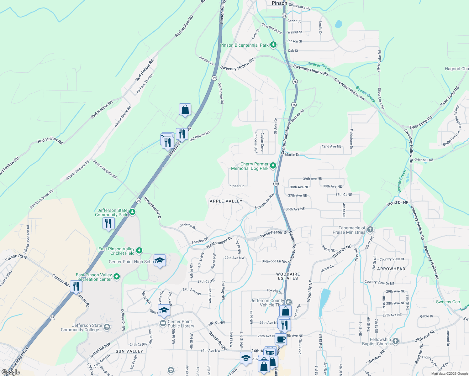 map of restaurants, bars, coffee shops, grocery stores, and more near 221 Jupiter Drive in Center Point