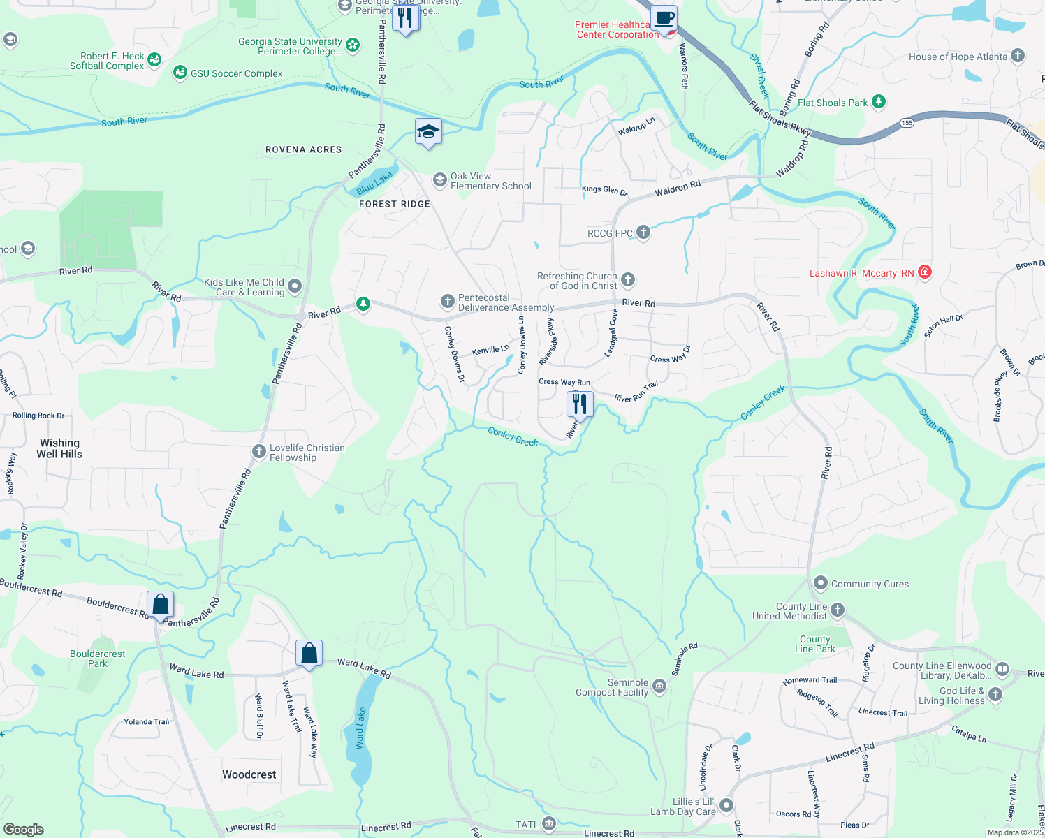 map of restaurants, bars, coffee shops, grocery stores, and more near 3934 Conley Downs Lane in Decatur