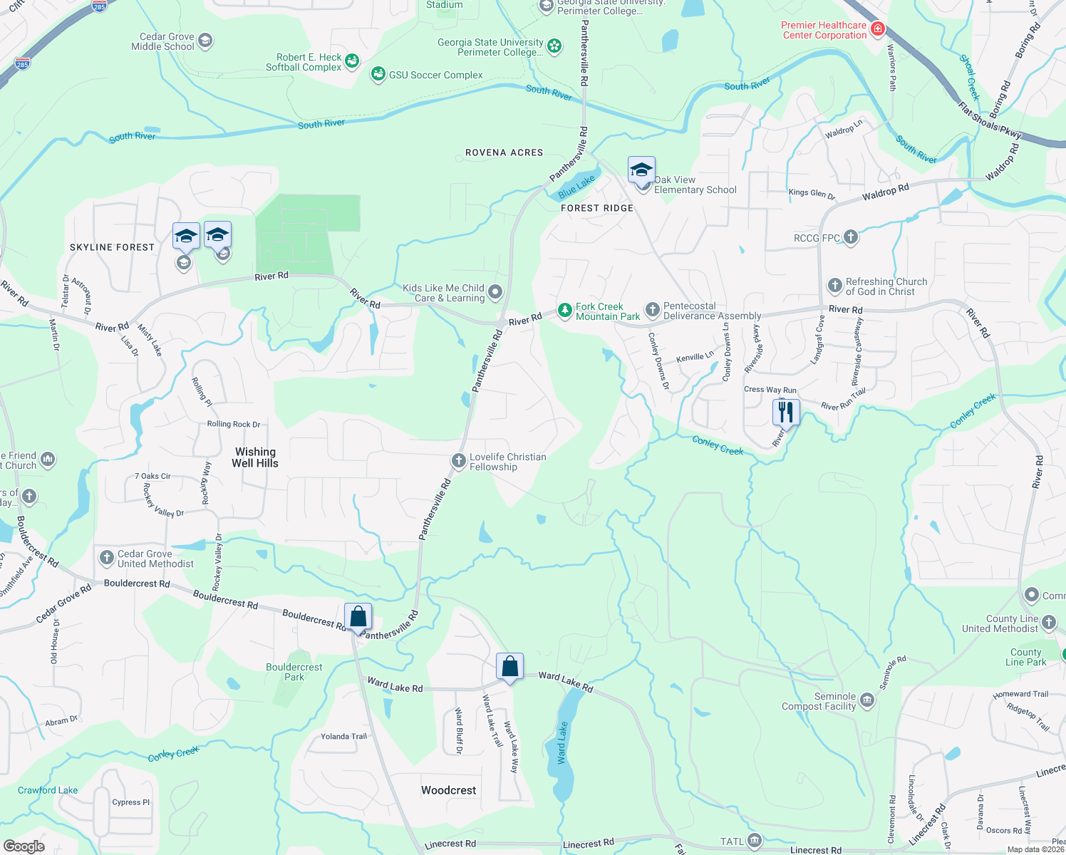 map of restaurants, bars, coffee shops, grocery stores, and more near 3877 Cedar Trace Lane in Ellenwood