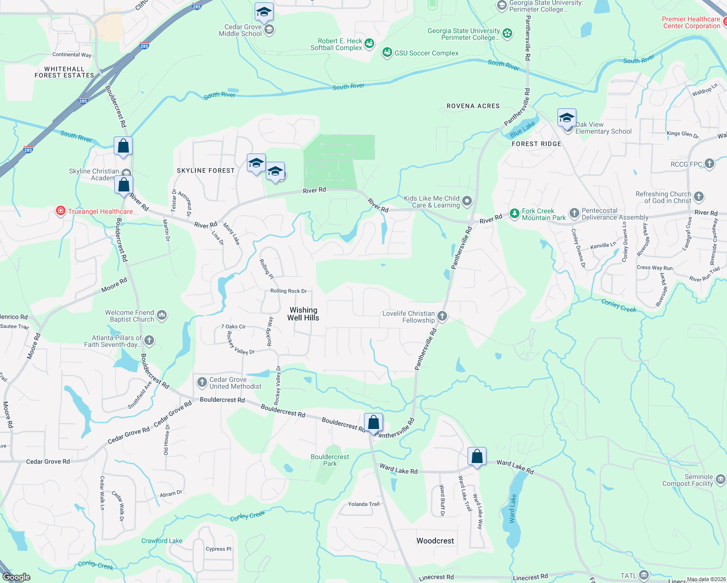 map of restaurants, bars, coffee shops, grocery stores, and more near 2488 Tolliver Drive in Ellenwood