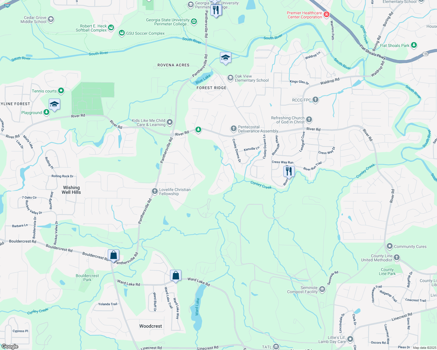 map of restaurants, bars, coffee shops, grocery stores, and more near 2900 River Ridge Hill in Decatur