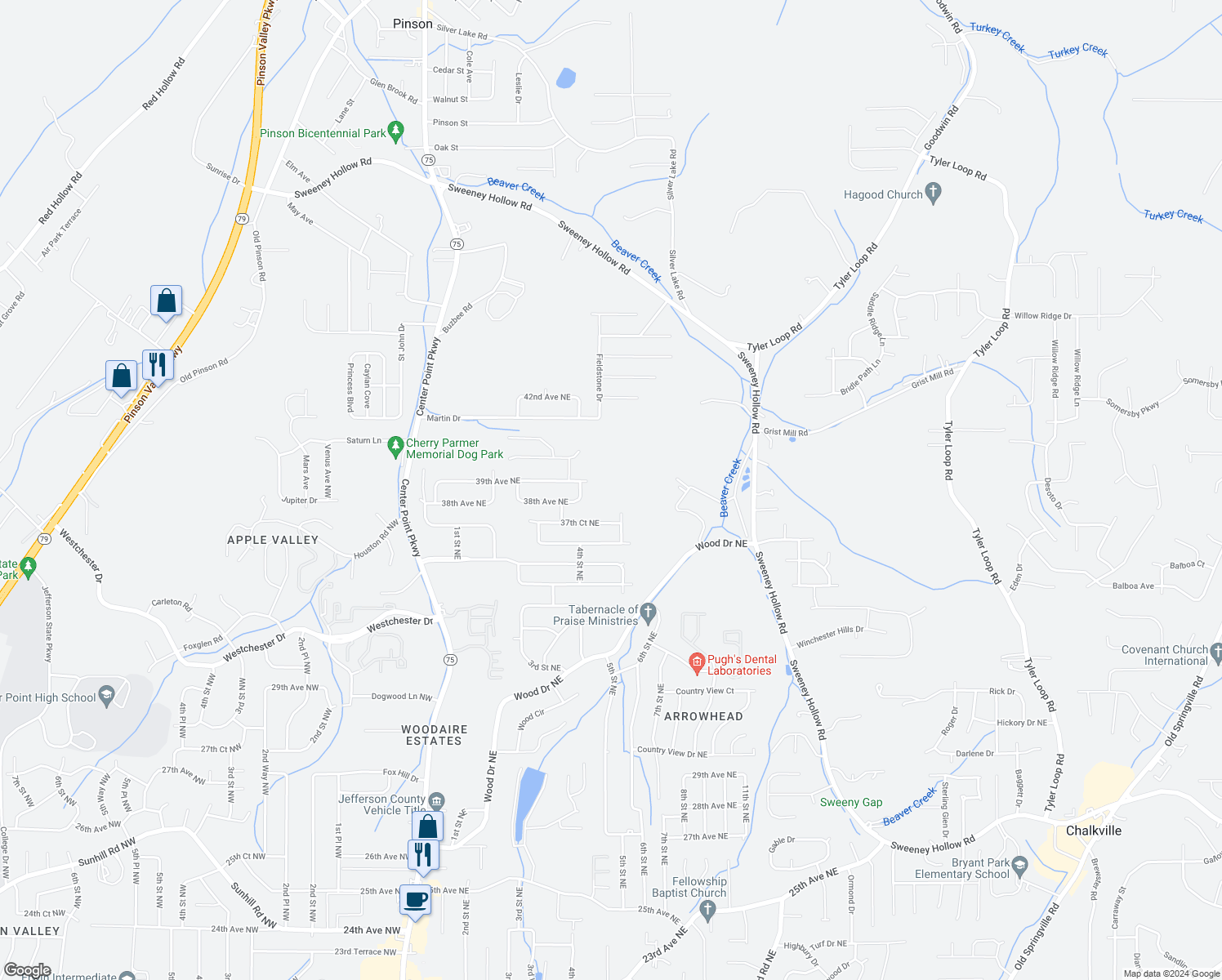 map of restaurants, bars, coffee shops, grocery stores, and more near 3715 5th Street Northeast in Center Point