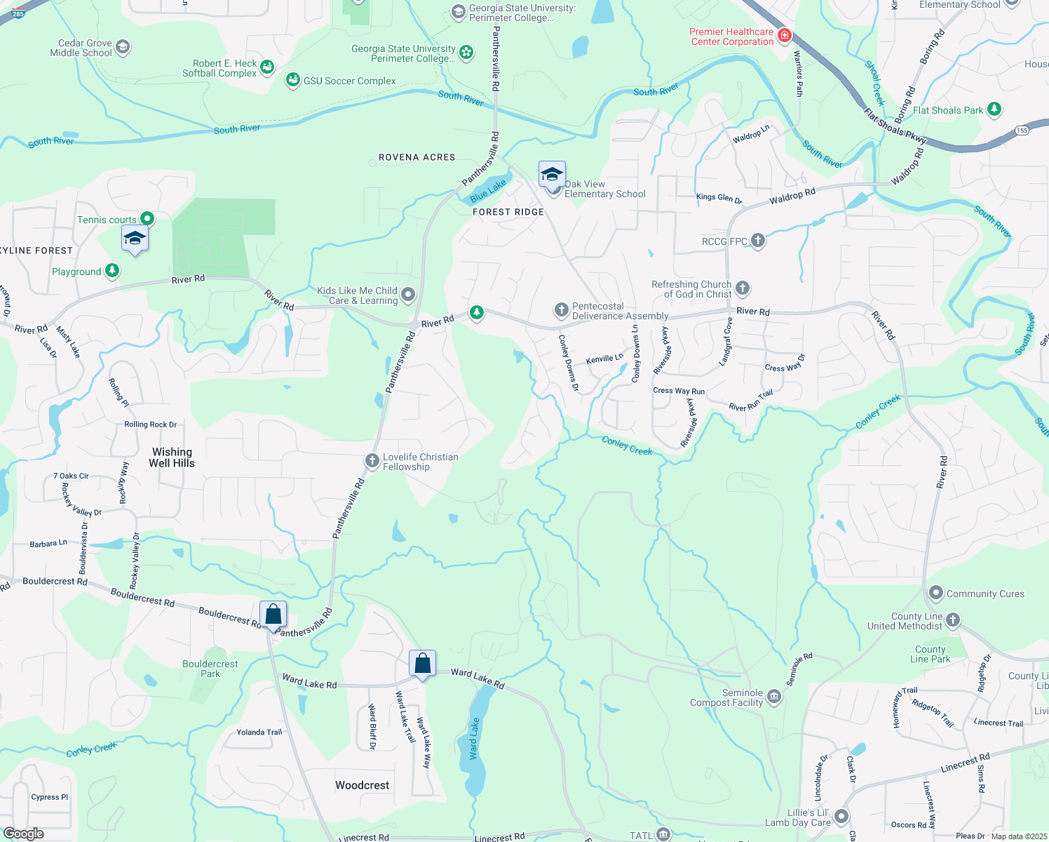 map of restaurants, bars, coffee shops, grocery stores, and more near 2900 River Ridge Hill in Decatur