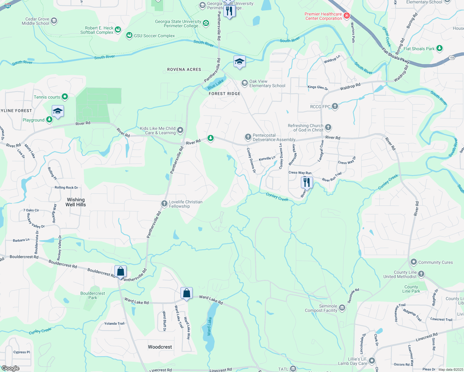 map of restaurants, bars, coffee shops, grocery stores, and more near 2900 River Ridge Hill in Decatur