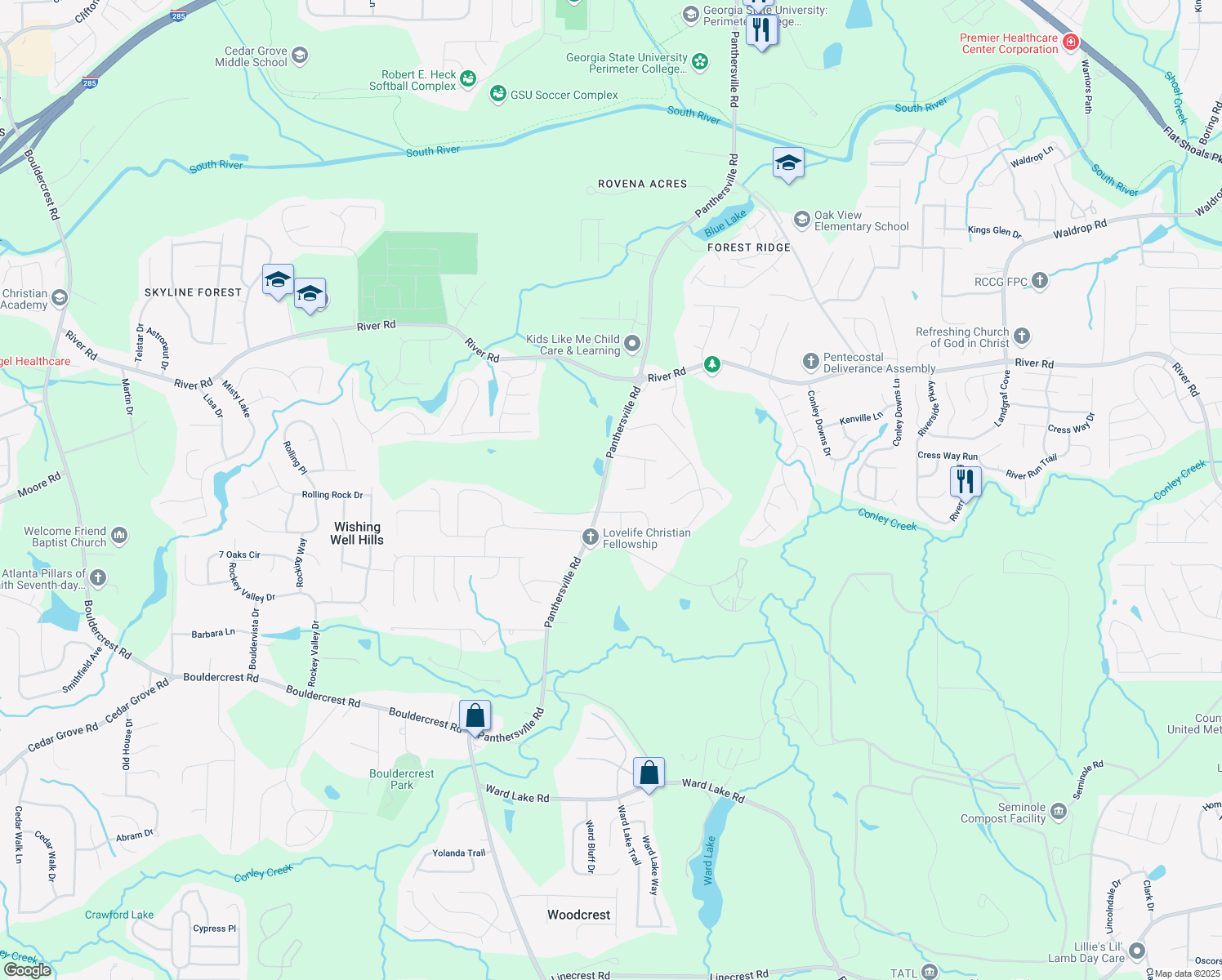 map of restaurants, bars, coffee shops, grocery stores, and more near 3898 Panthersville Rd in Ellenwood