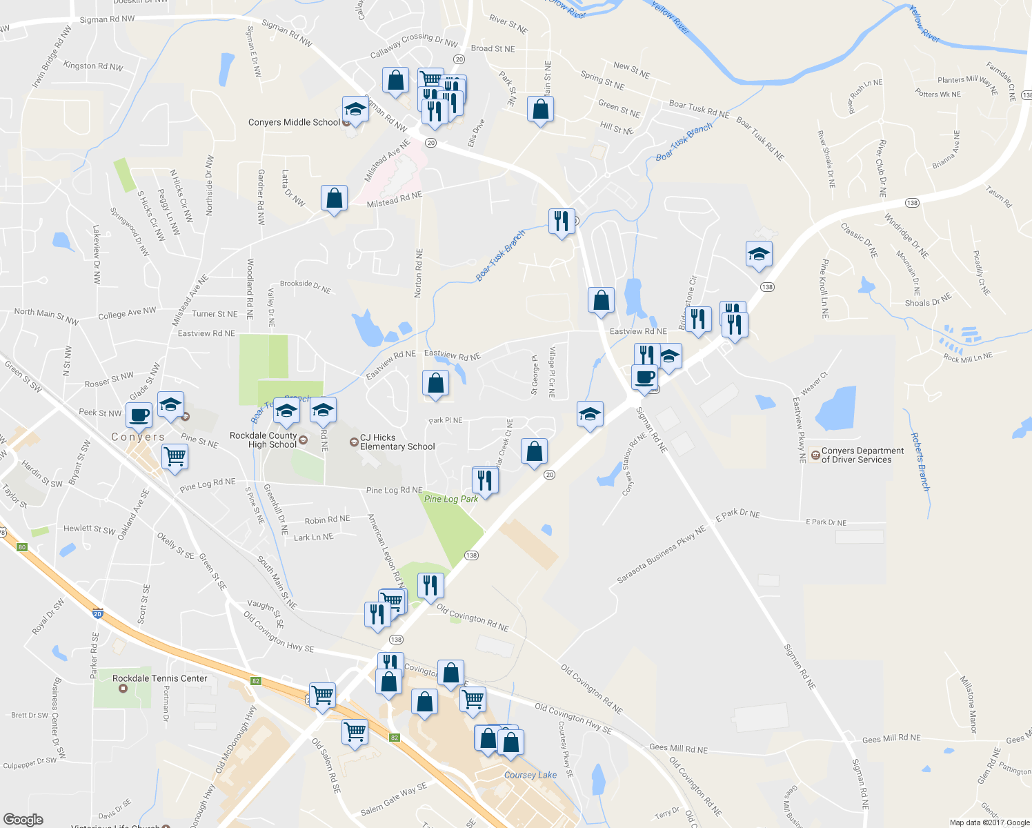 map of restaurants, bars, coffee shops, grocery stores, and more near 2038 Reavis Bluff NE in Conyers