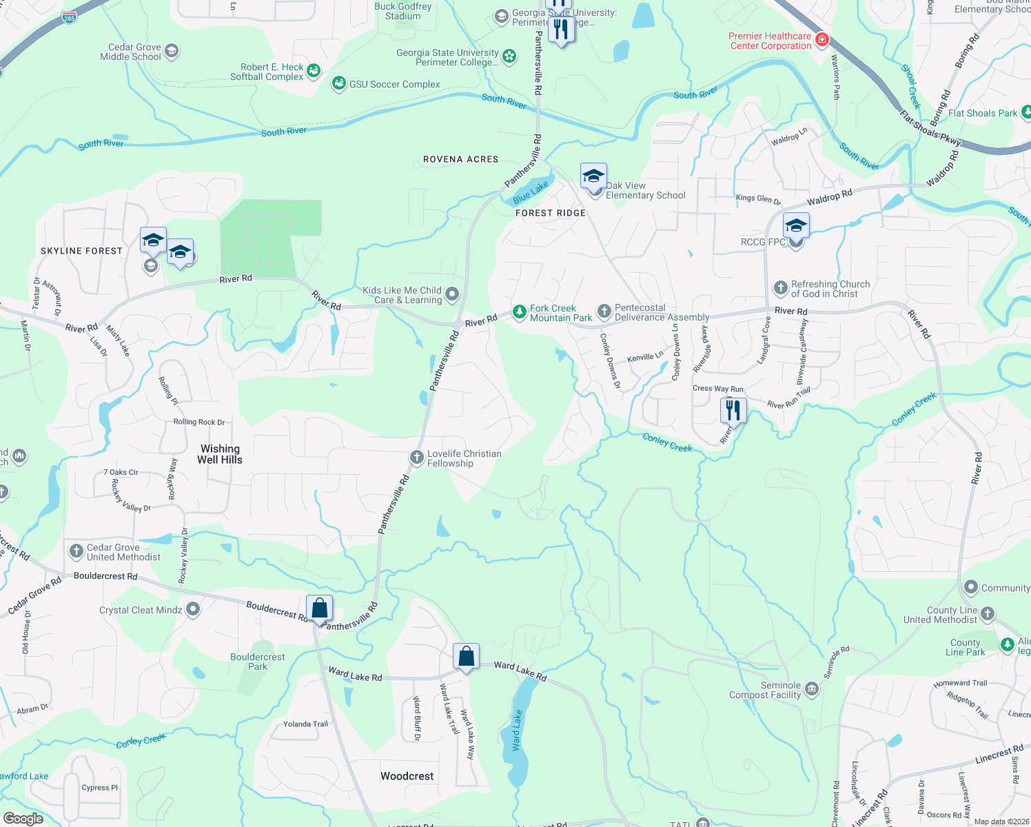 map of restaurants, bars, coffee shops, grocery stores, and more near 3825 Cedar Trace Lane in Ellenwood