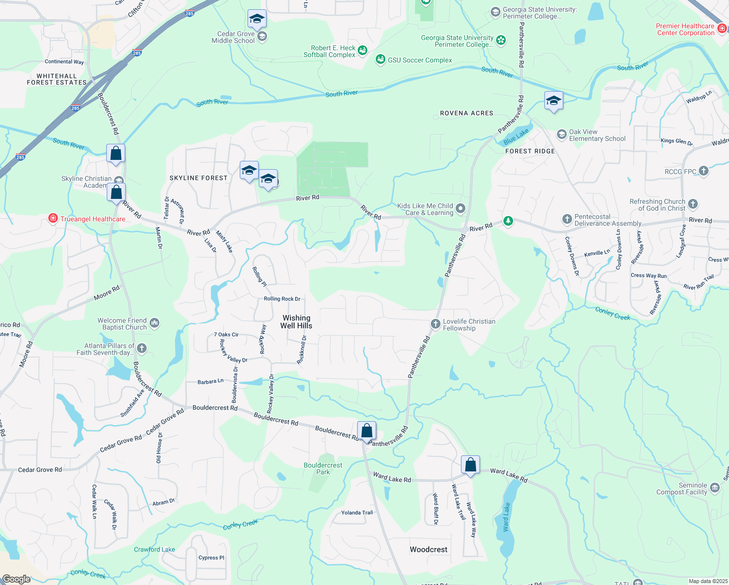 map of restaurants, bars, coffee shops, grocery stores, and more near 2488 Tolliver Drive in Ellenwood