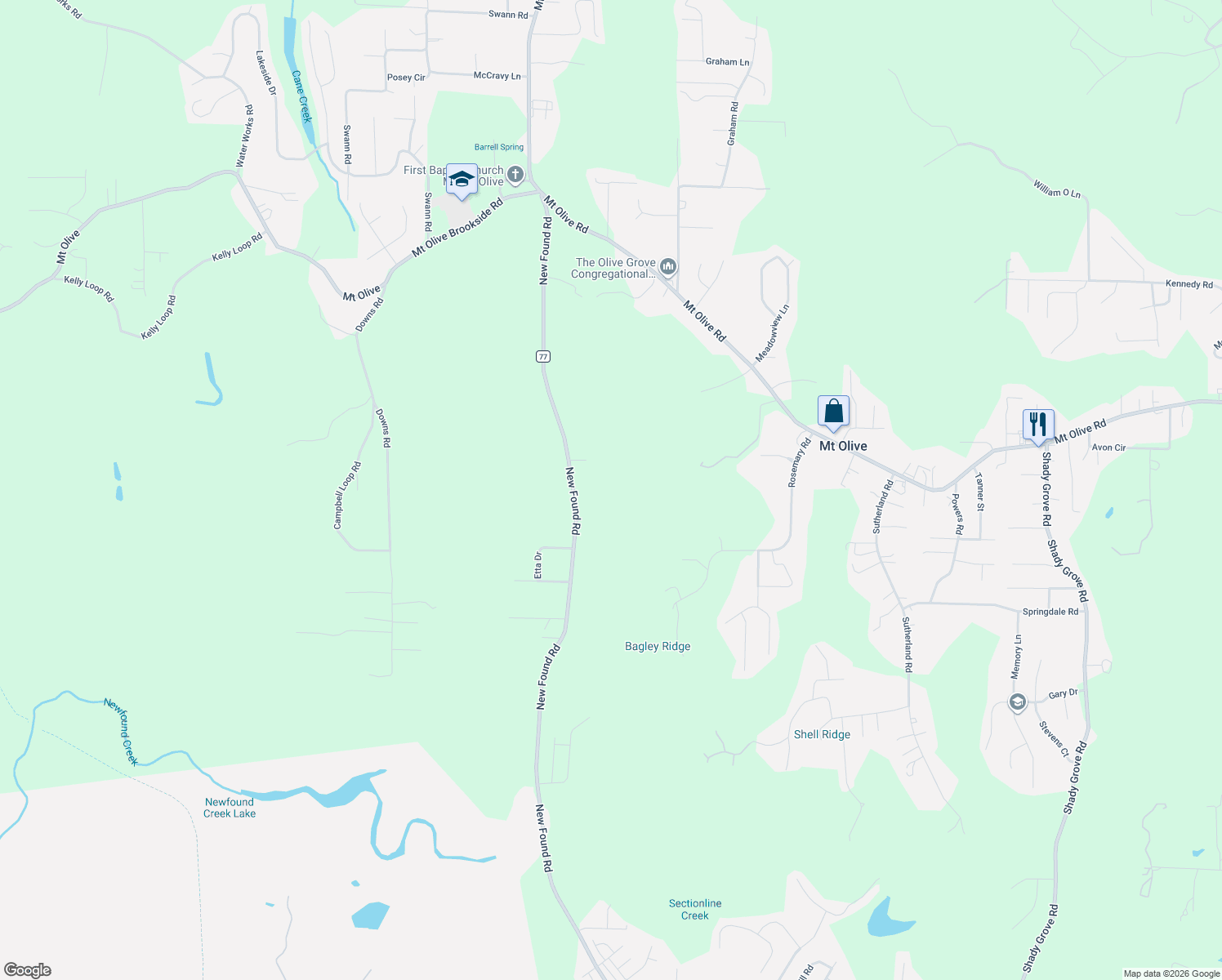 map of restaurants, bars, coffee shops, grocery stores, and more near 5541 New Found Road in Mount Olive