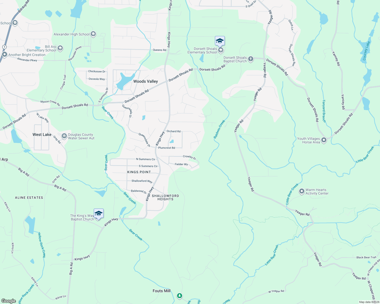 map of restaurants, bars, coffee shops, grocery stores, and more near 5968 Hilltop Drive in Douglasville