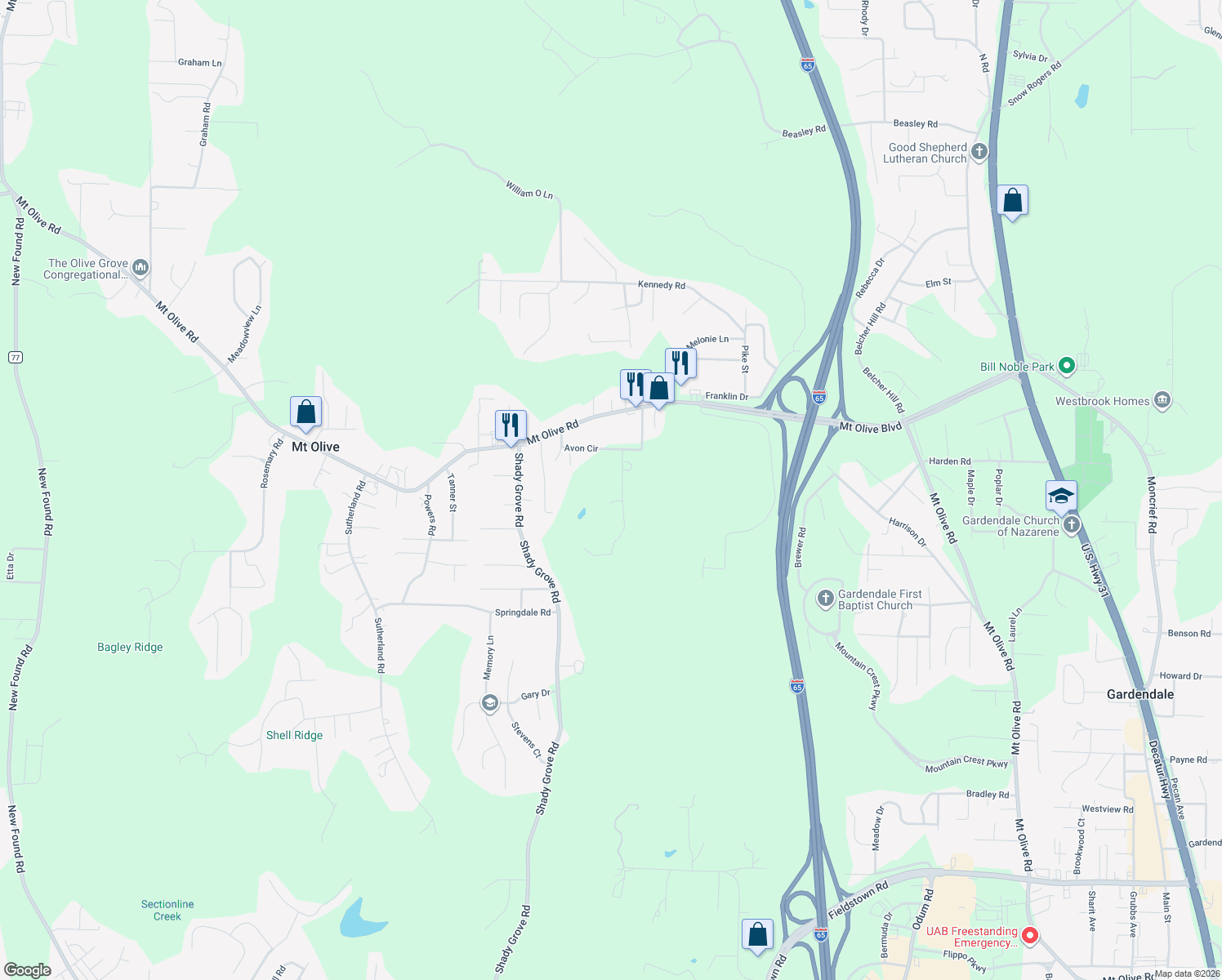 map of restaurants, bars, coffee shops, grocery stores, and more near 2250 Dusty Lane in Mount Olive