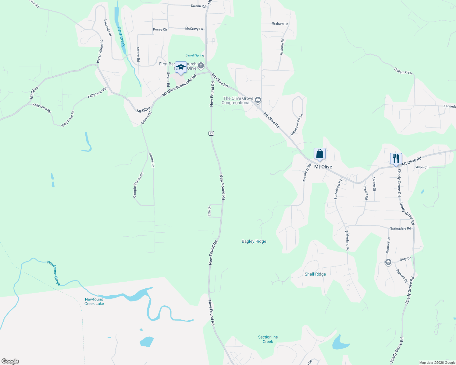 map of restaurants, bars, coffee shops, grocery stores, and more near 5541 New Found Road in Mount Olive