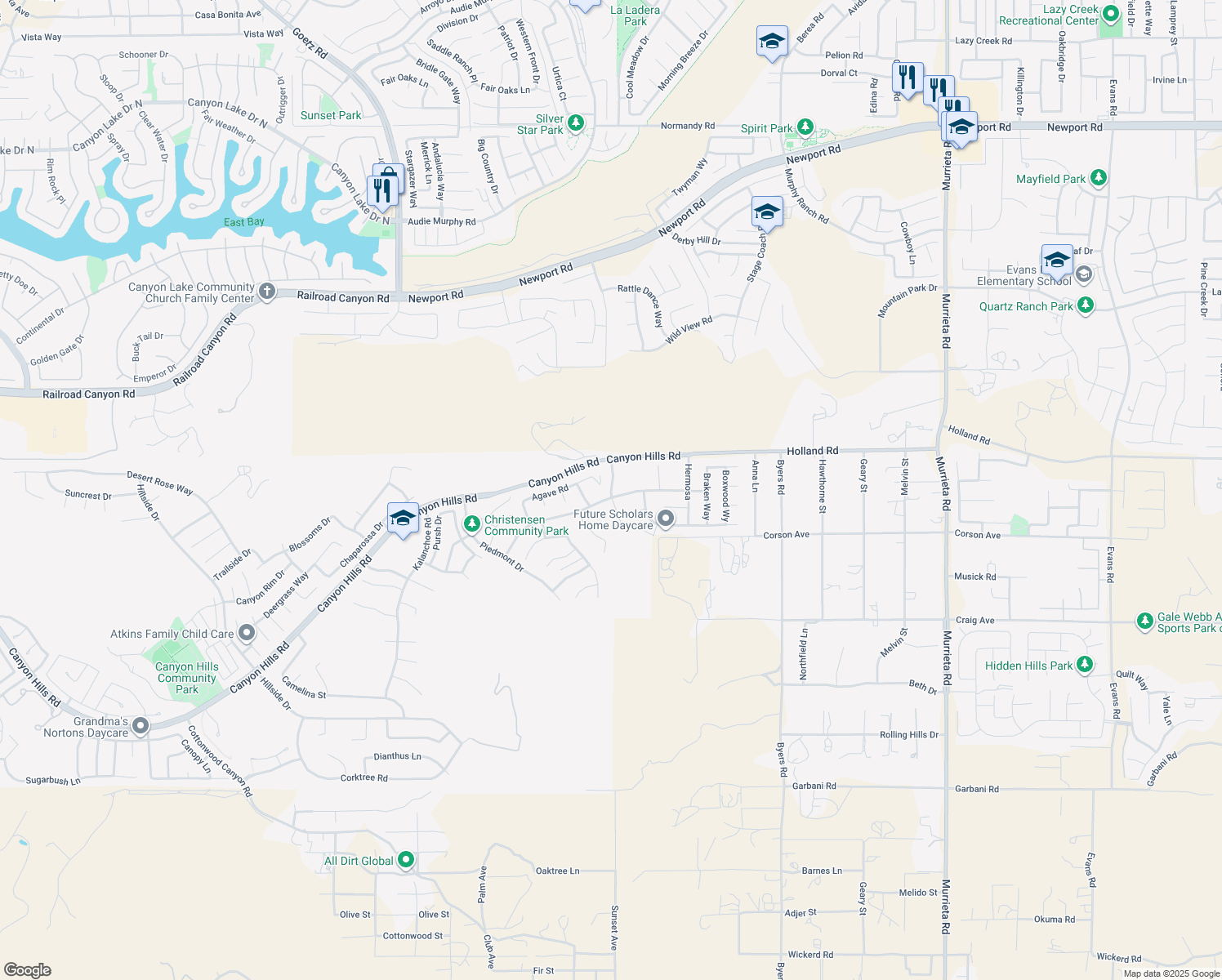 map of restaurants, bars, coffee shops, grocery stores, and more near Acanthus Drive in Menifee
