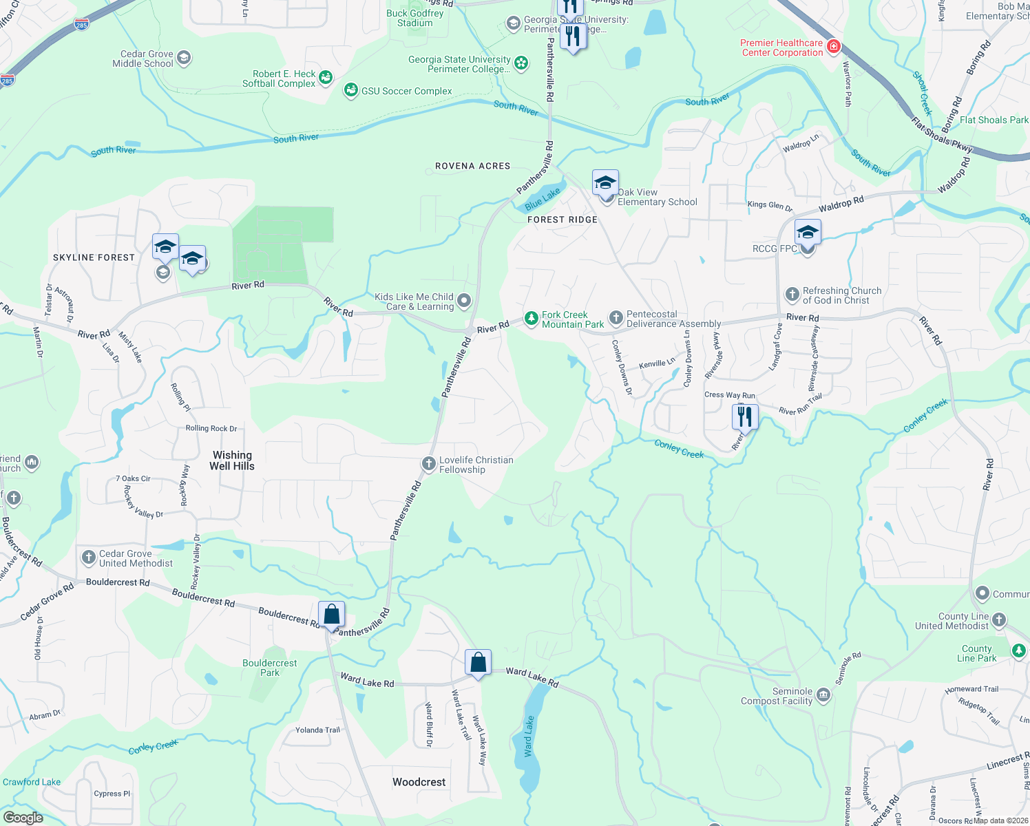 map of restaurants, bars, coffee shops, grocery stores, and more near 2845 Cedar Trace Drive in Ellenwood
