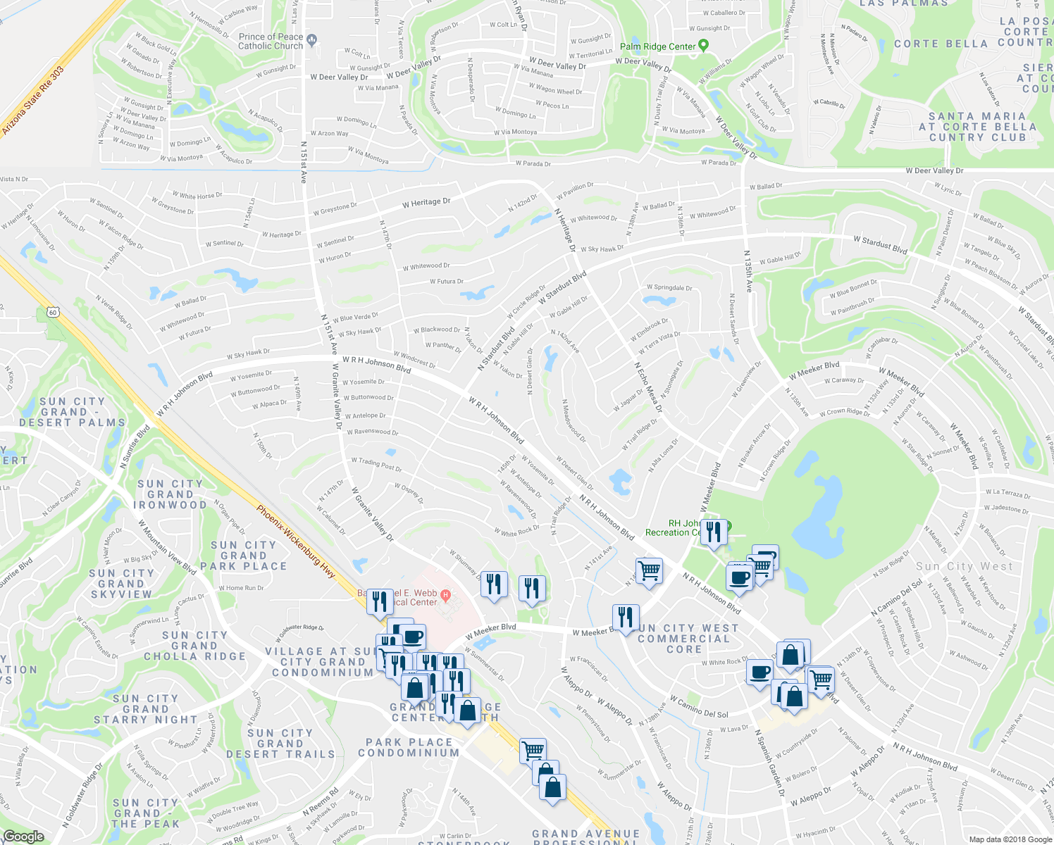 map of restaurants, bars, coffee shops, grocery stores, and more near 20325 North 145th Drive in Sun City West