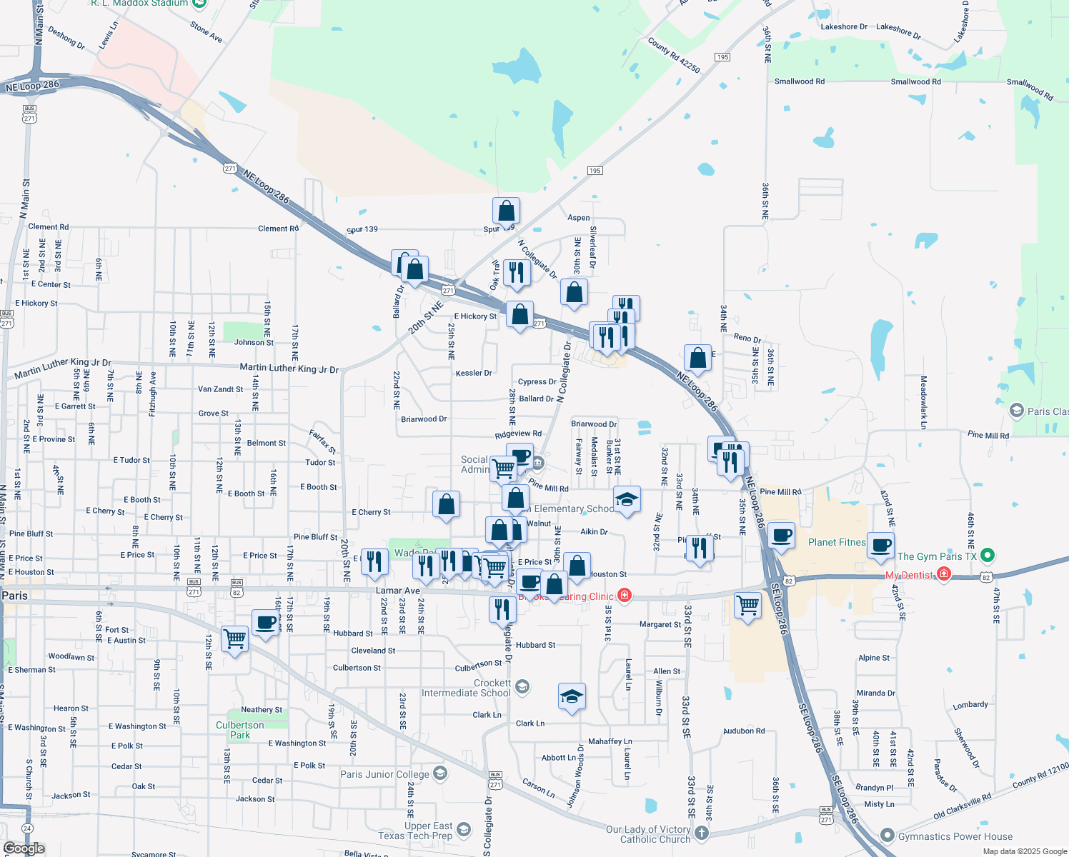 map of restaurants, bars, coffee shops, grocery stores, and more near 2855 Ridgeview Road in Paris