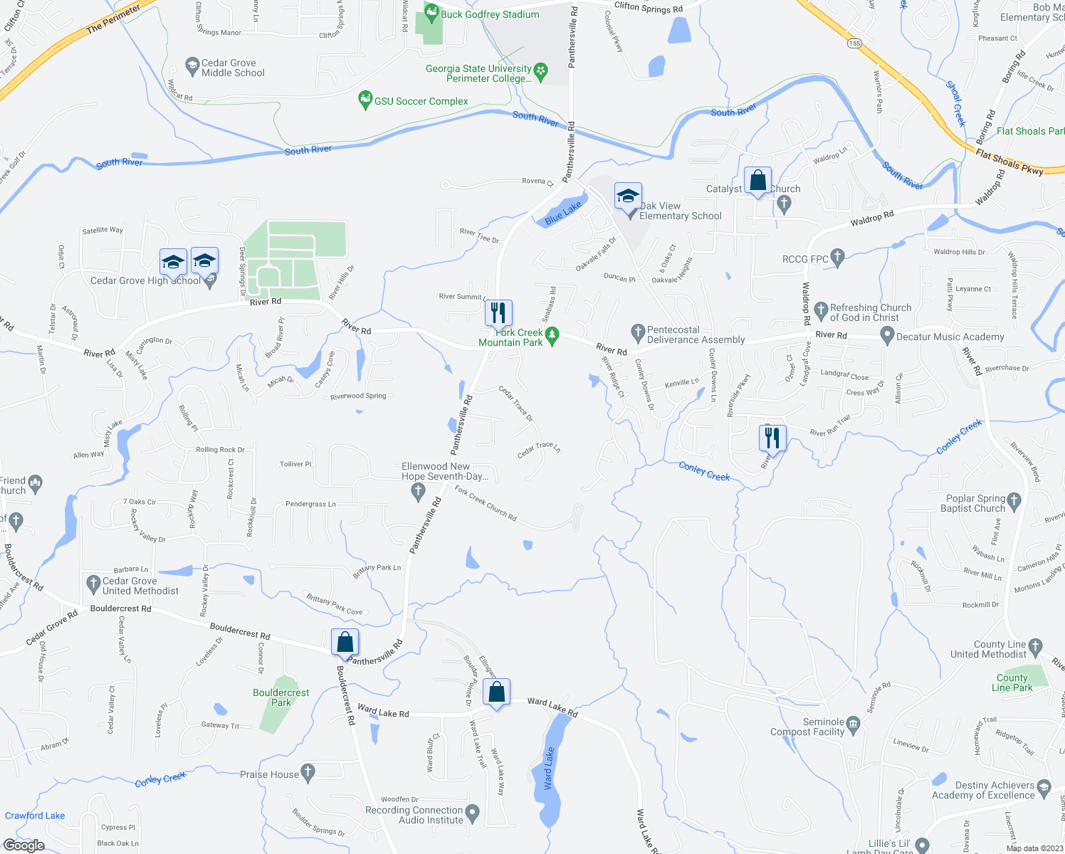 map of restaurants, bars, coffee shops, grocery stores, and more near 3830 Cedar Trace Court in Ellenwood