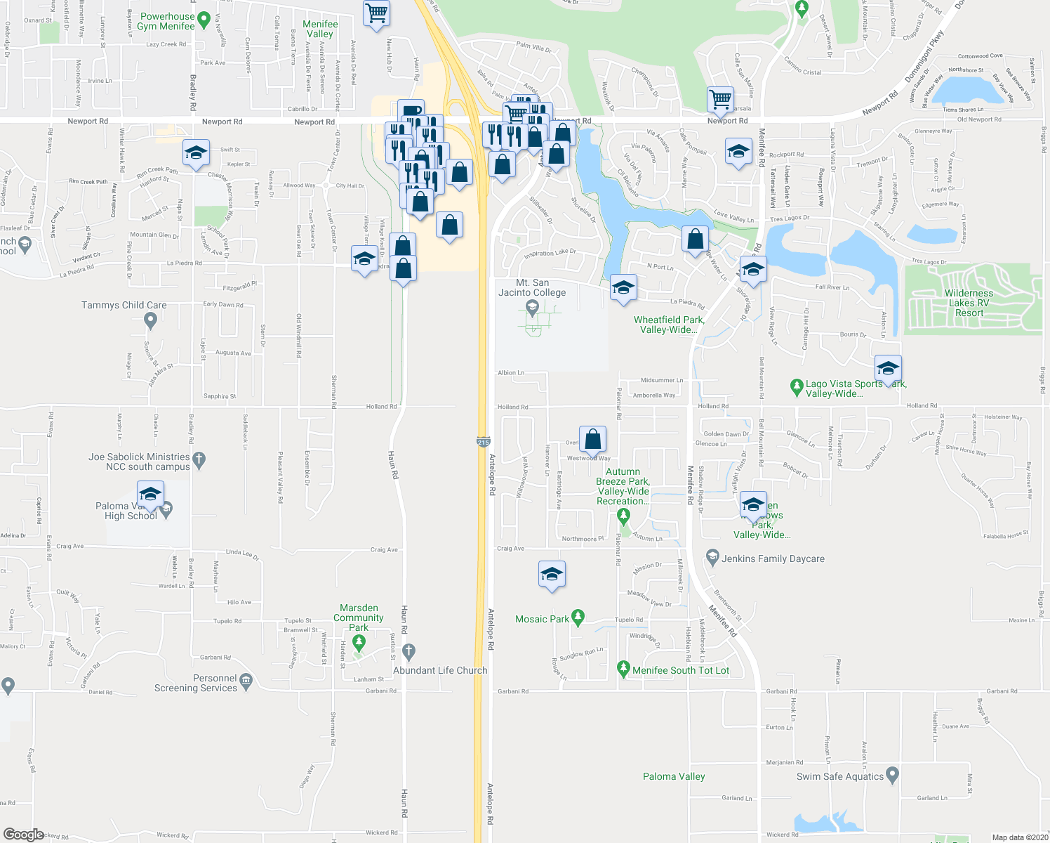 map of restaurants, bars, coffee shops, grocery stores, and more near 28147-28299 Green Forest Drive in Menifee