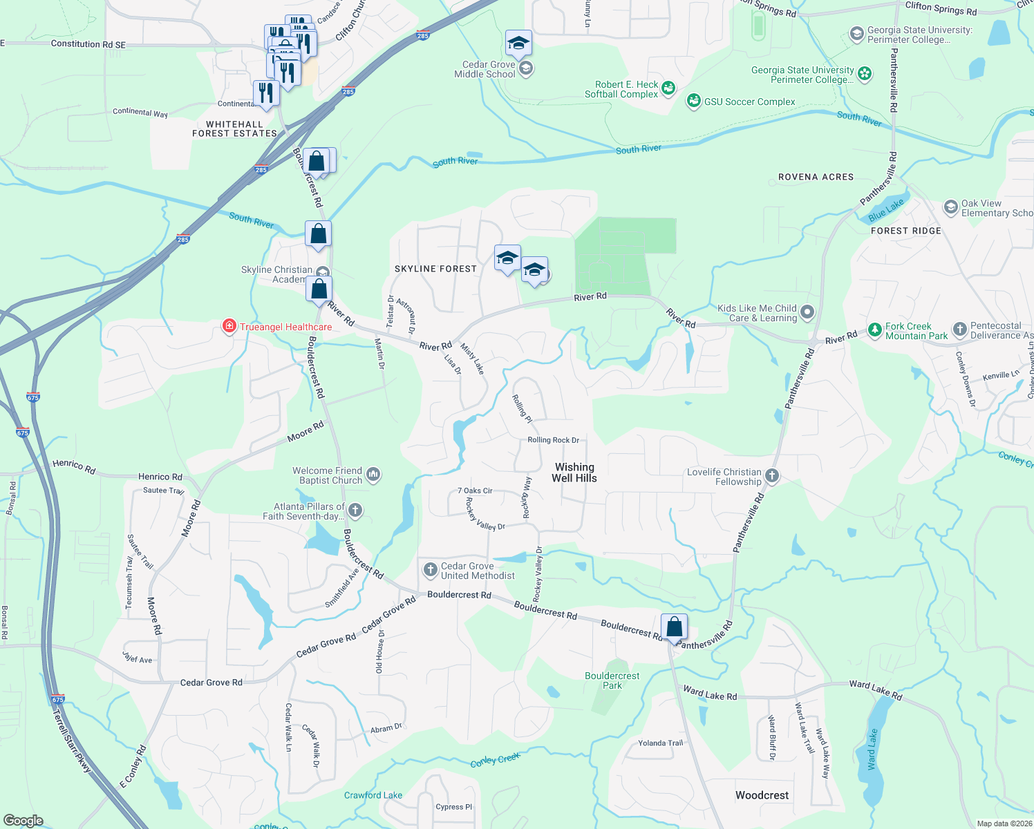 map of restaurants, bars, coffee shops, grocery stores, and more near 3800 Rolling Place in Conley