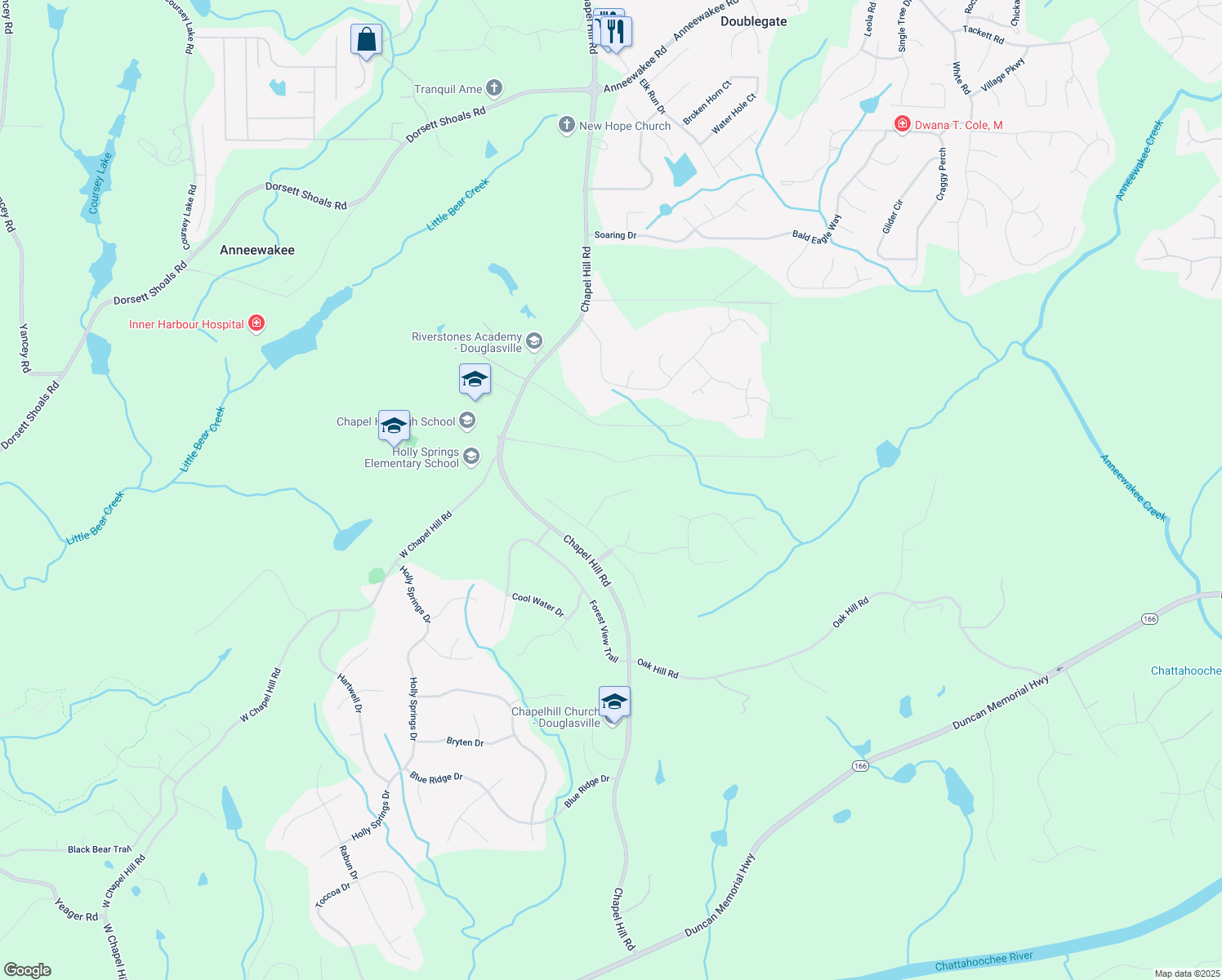 map of restaurants, bars, coffee shops, grocery stores, and more near 4260 Laurel Glen Court in Douglasville