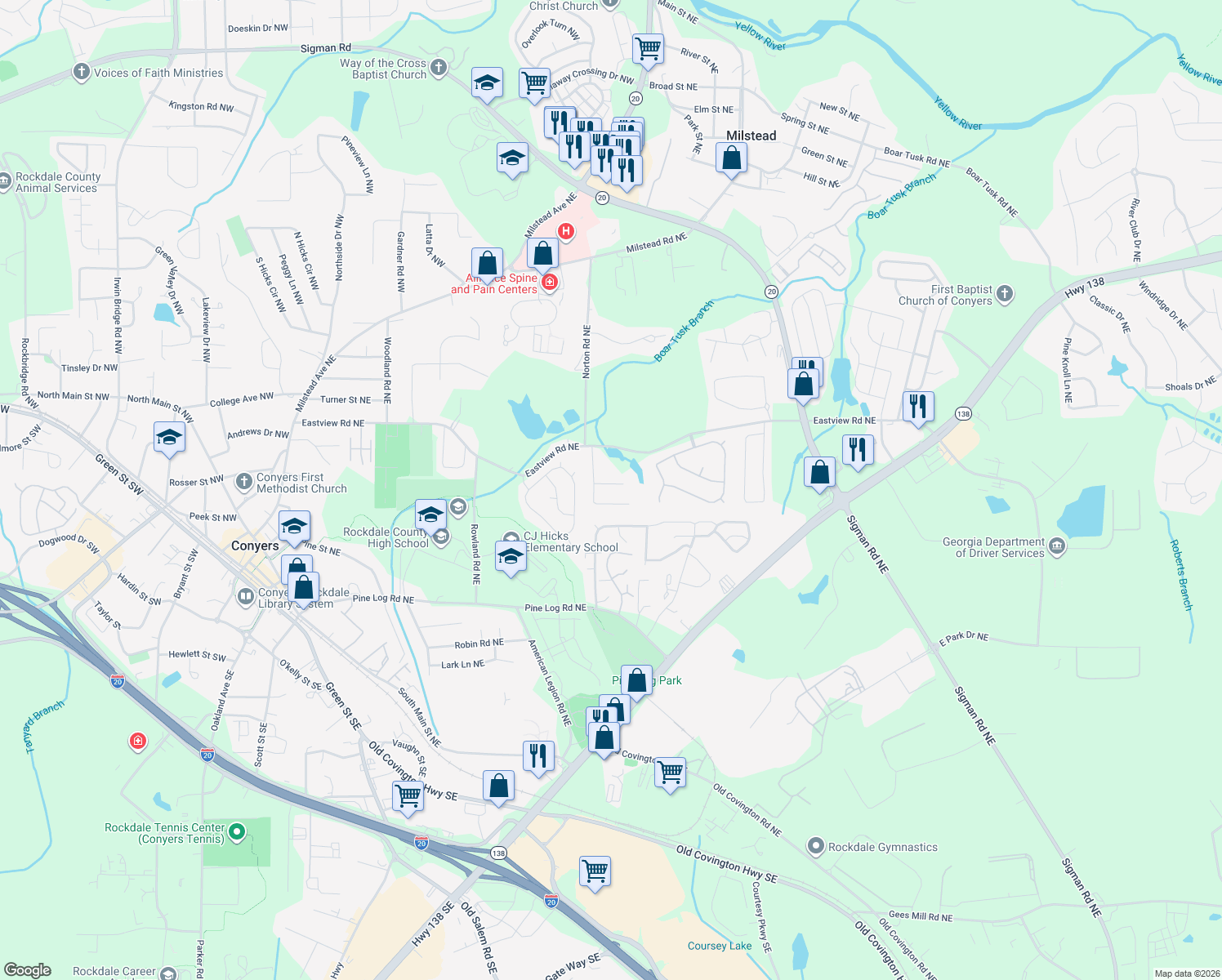 map of restaurants, bars, coffee shops, grocery stores, and more near 1504 Melody Ridge Court Northeast in Conyers
