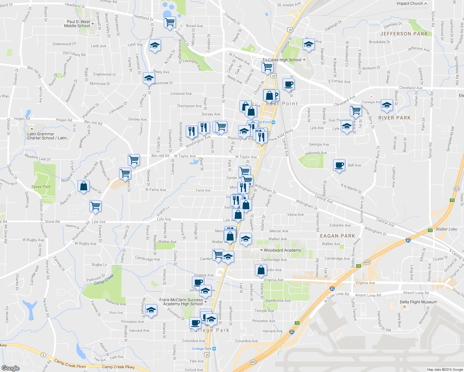 map of restaurants, bars, coffee shops, grocery stores, and more near 3130 Church St in Atlanta