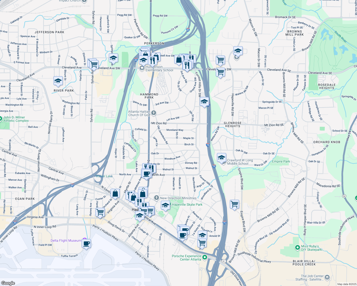 map of restaurants, bars, coffee shops, grocery stores, and more near 273 Birch Street in Hapeville