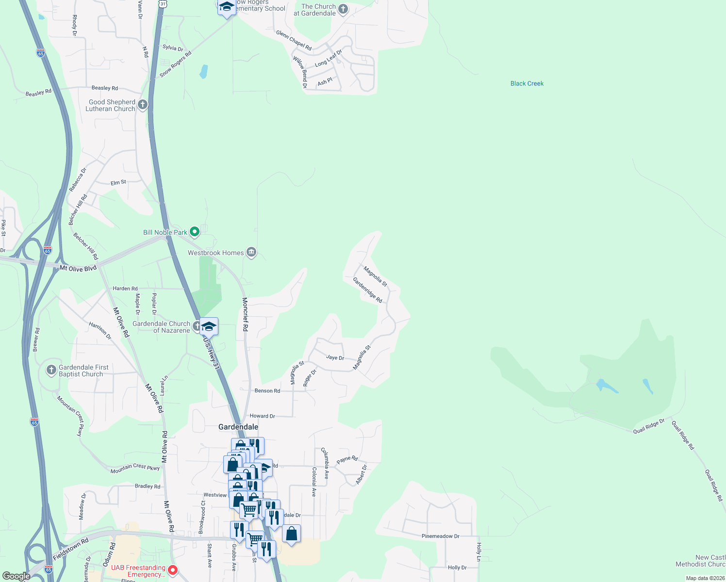 map of restaurants, bars, coffee shops, grocery stores, and more near 1712 Gardenridge Road in Gardendale