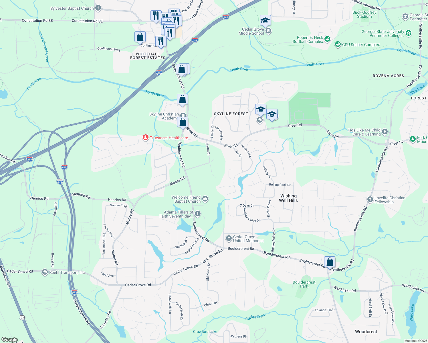map of restaurants, bars, coffee shops, grocery stores, and more near 3840 Martin Dr in Ellenwood