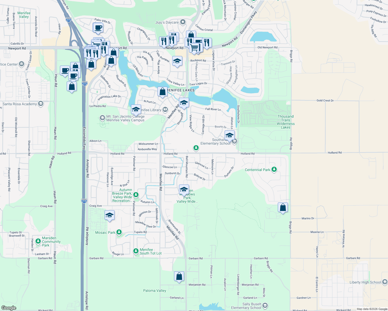 map of restaurants, bars, coffee shops, grocery stores, and more near 31060 Desert View Court in Menifee