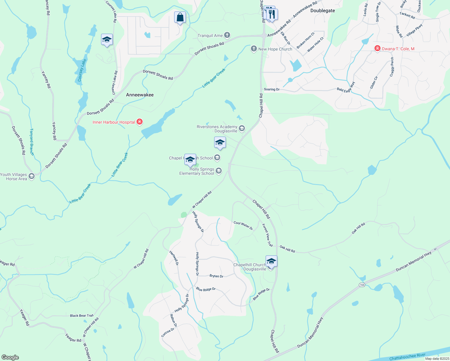 map of restaurants, bars, coffee shops, grocery stores, and more near 4980 West Chapel Hill Road in Douglasville