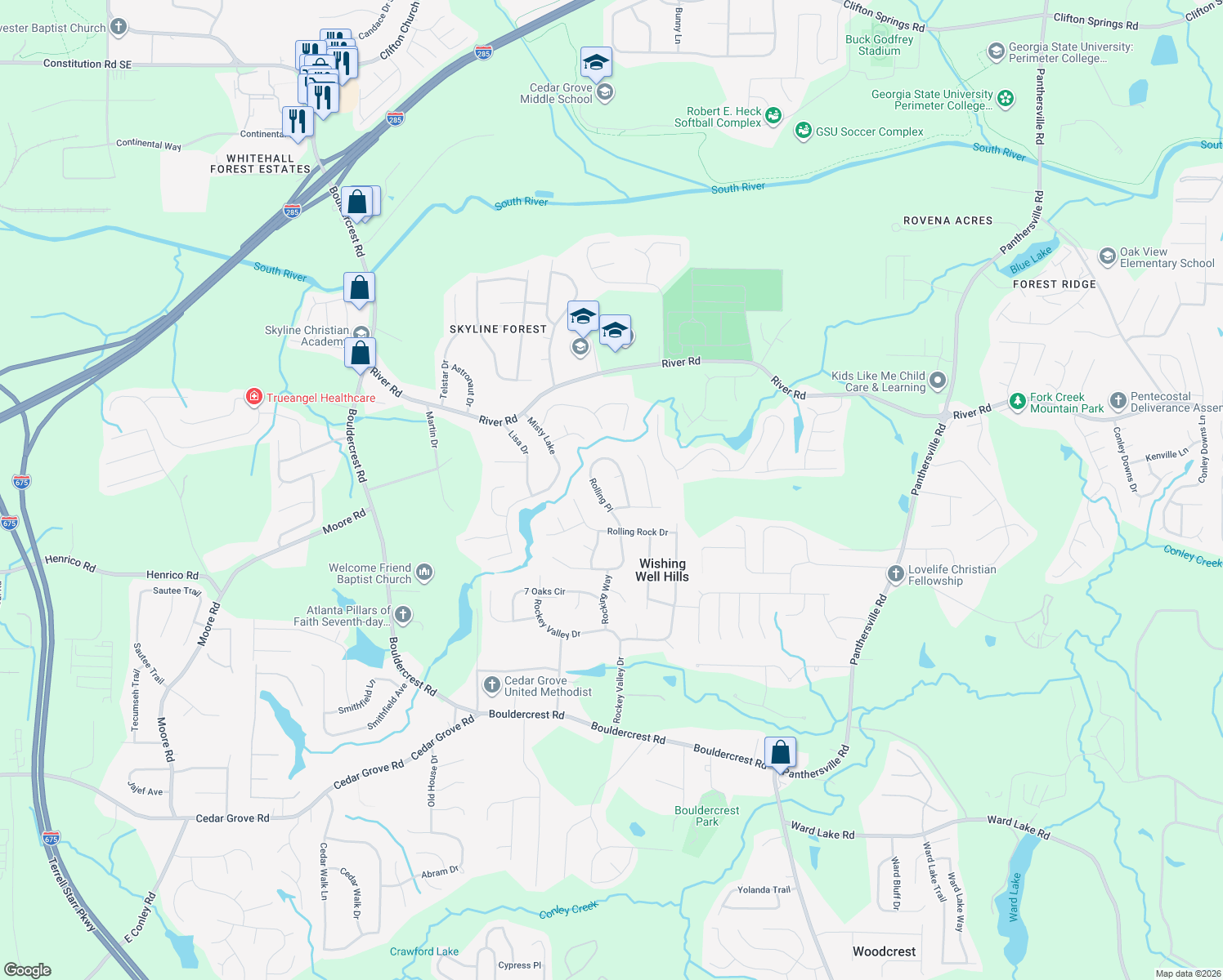 map of restaurants, bars, coffee shops, grocery stores, and more near 3694 Rolling Place in Conley