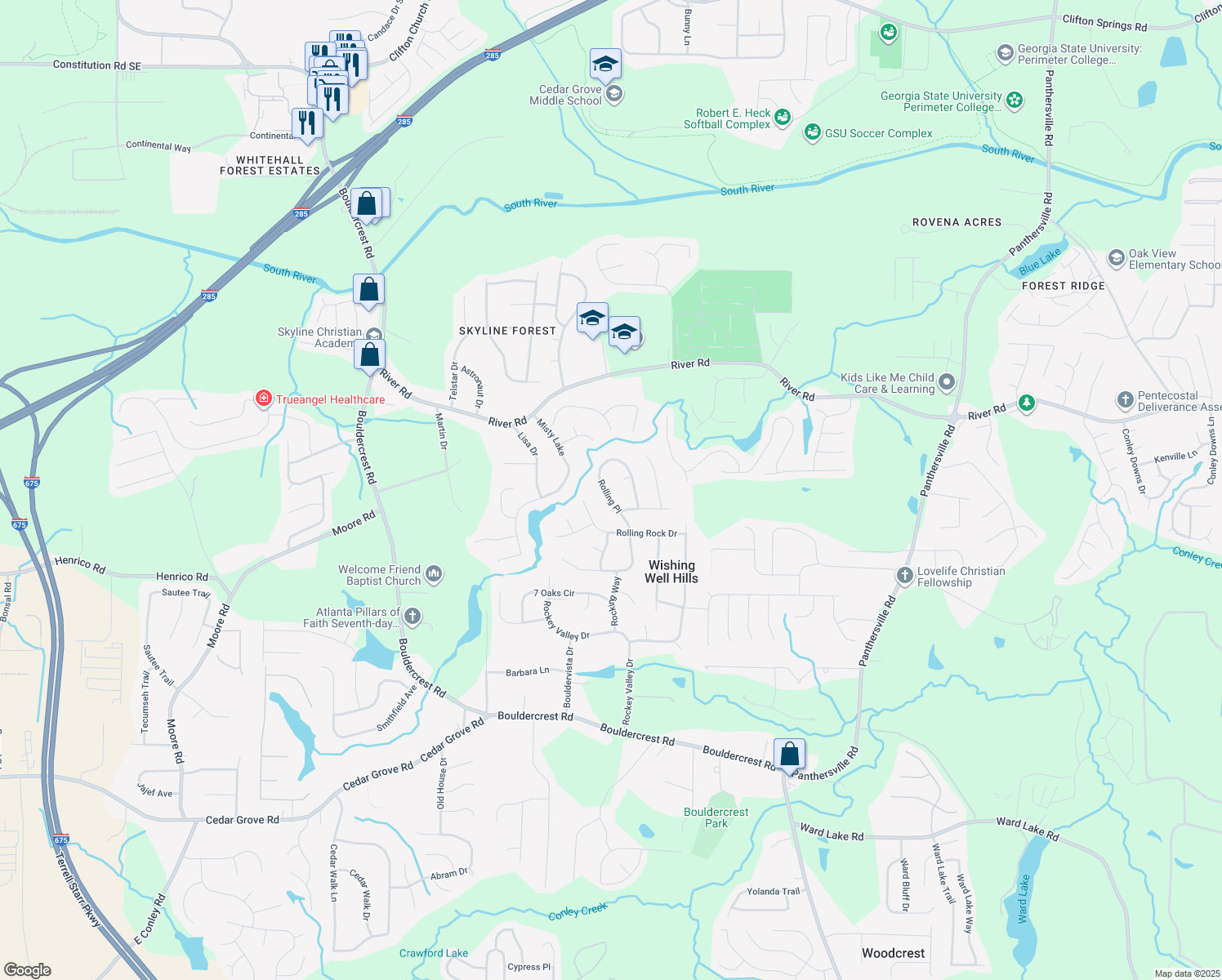map of restaurants, bars, coffee shops, grocery stores, and more near 3800 Rolling Place in Conley