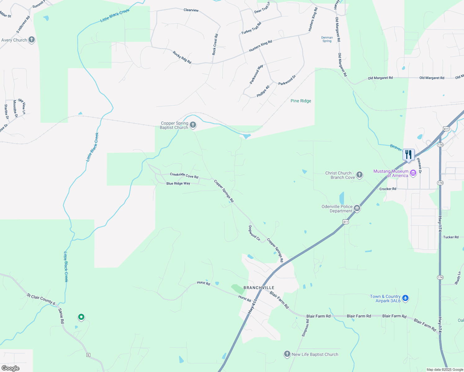 map of restaurants, bars, coffee shops, grocery stores, and more near 85 Horsley Drive in Odenville