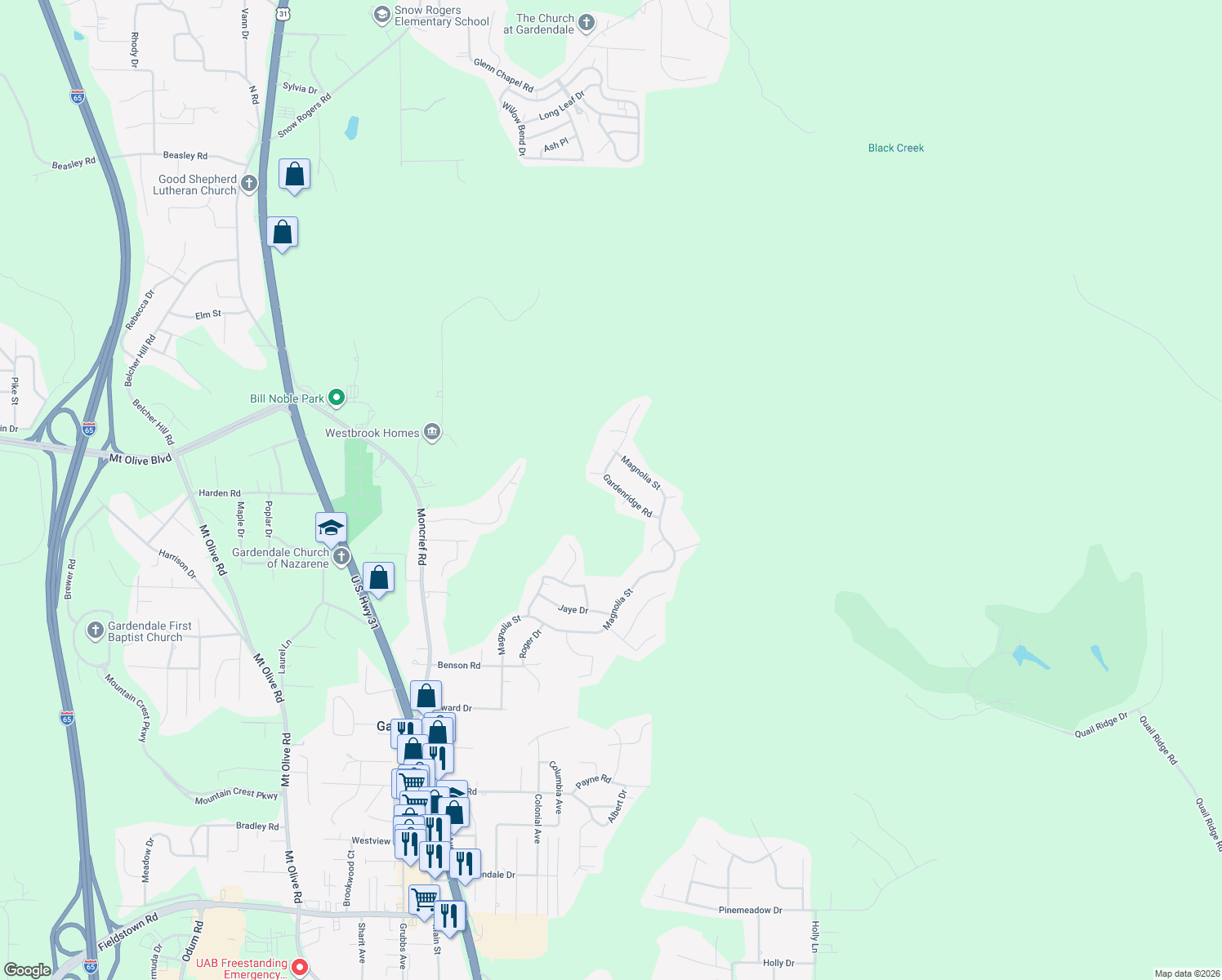 map of restaurants, bars, coffee shops, grocery stores, and more near 1712 Gardenridge Road in Gardendale