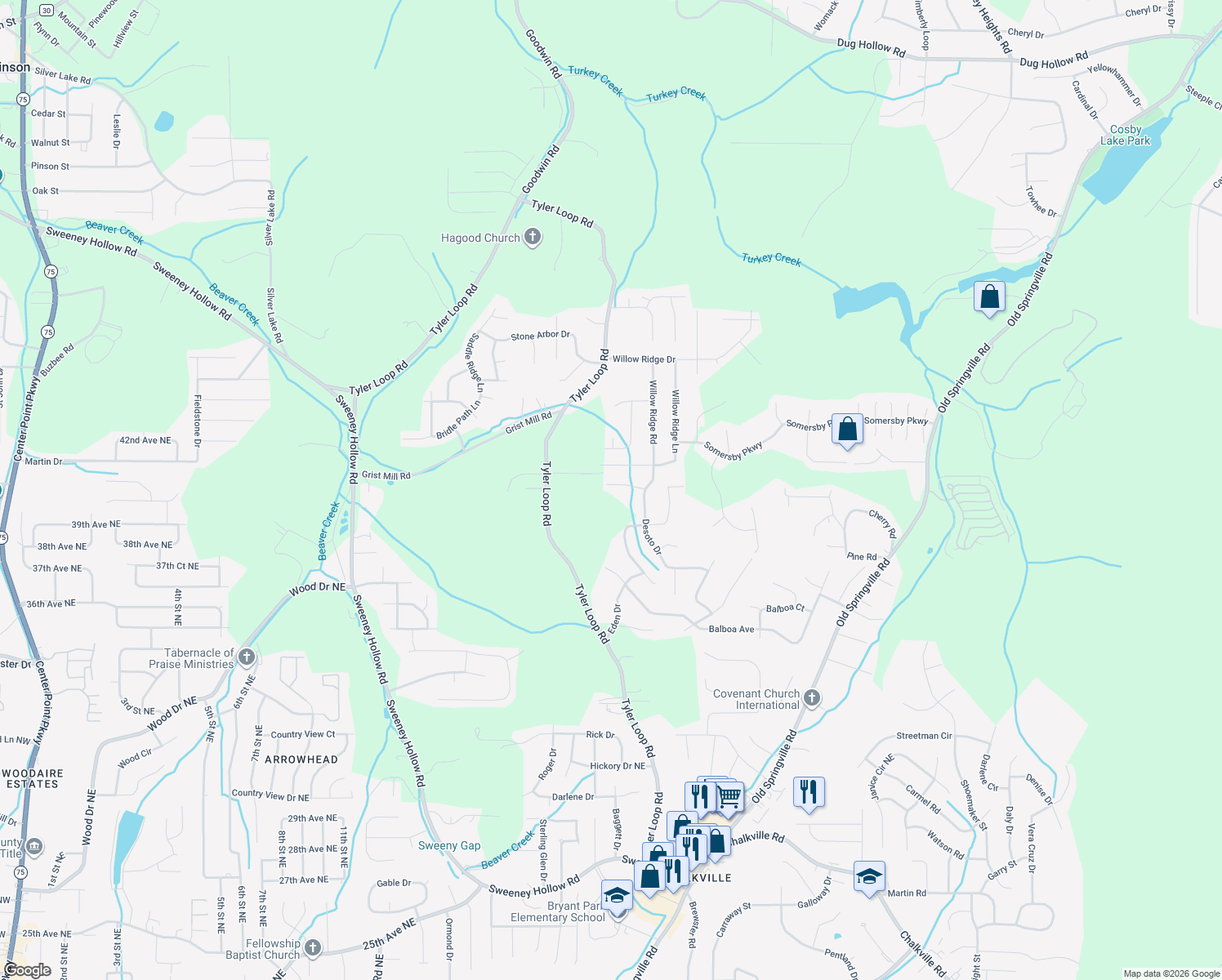 map of restaurants, bars, coffee shops, grocery stores, and more near 5135 Amberwood Lane in Pinson