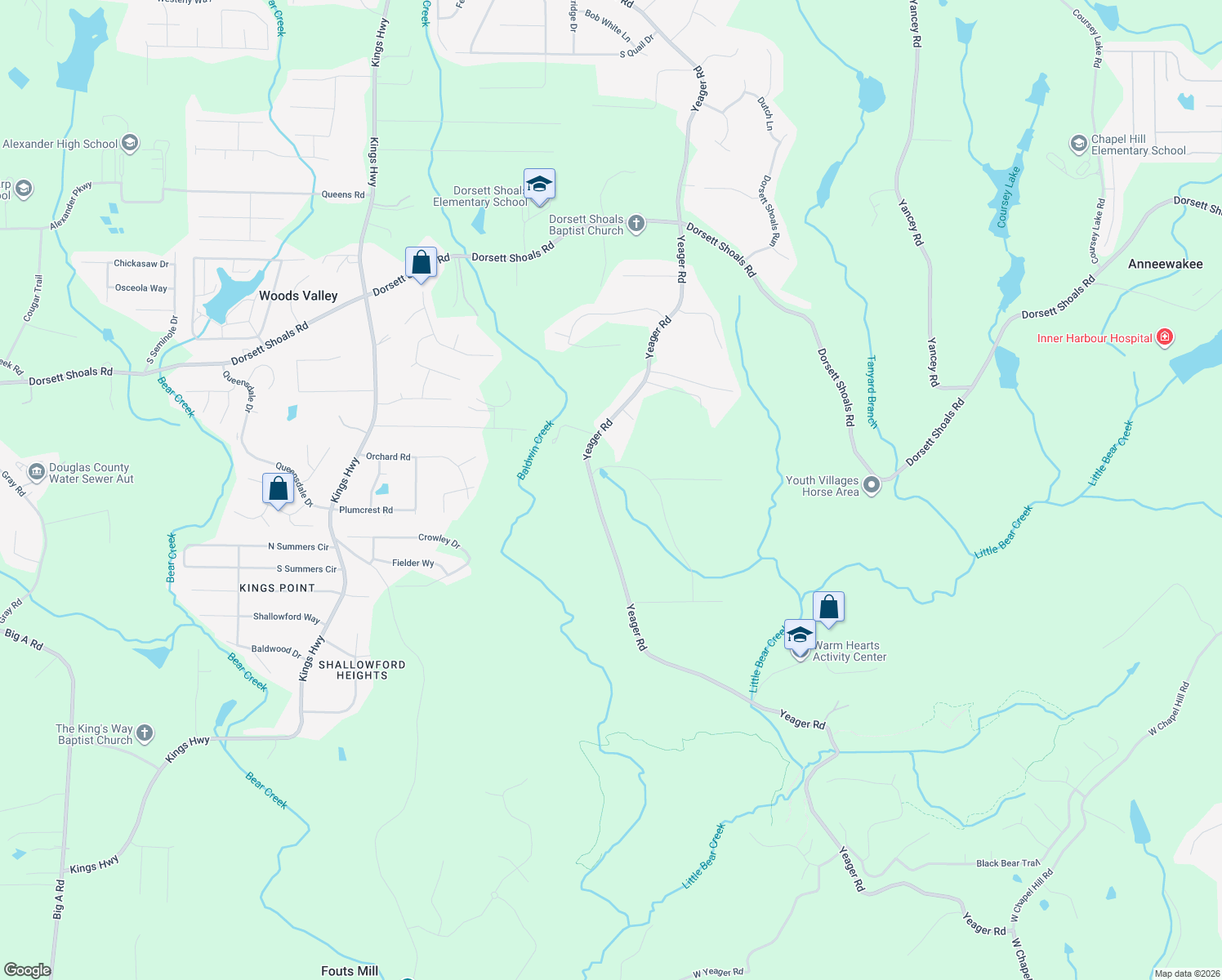 map of restaurants, bars, coffee shops, grocery stores, and more near 4962 Yeager Road in Douglasville