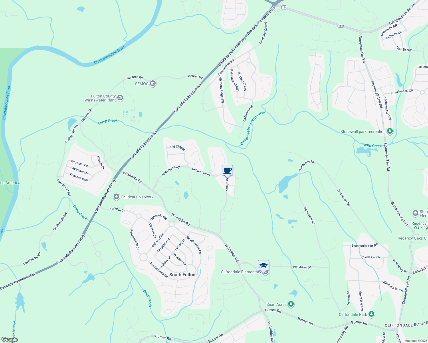 map of restaurants, bars, coffee shops, grocery stores, and more near 3198 Redwood Run in College Park