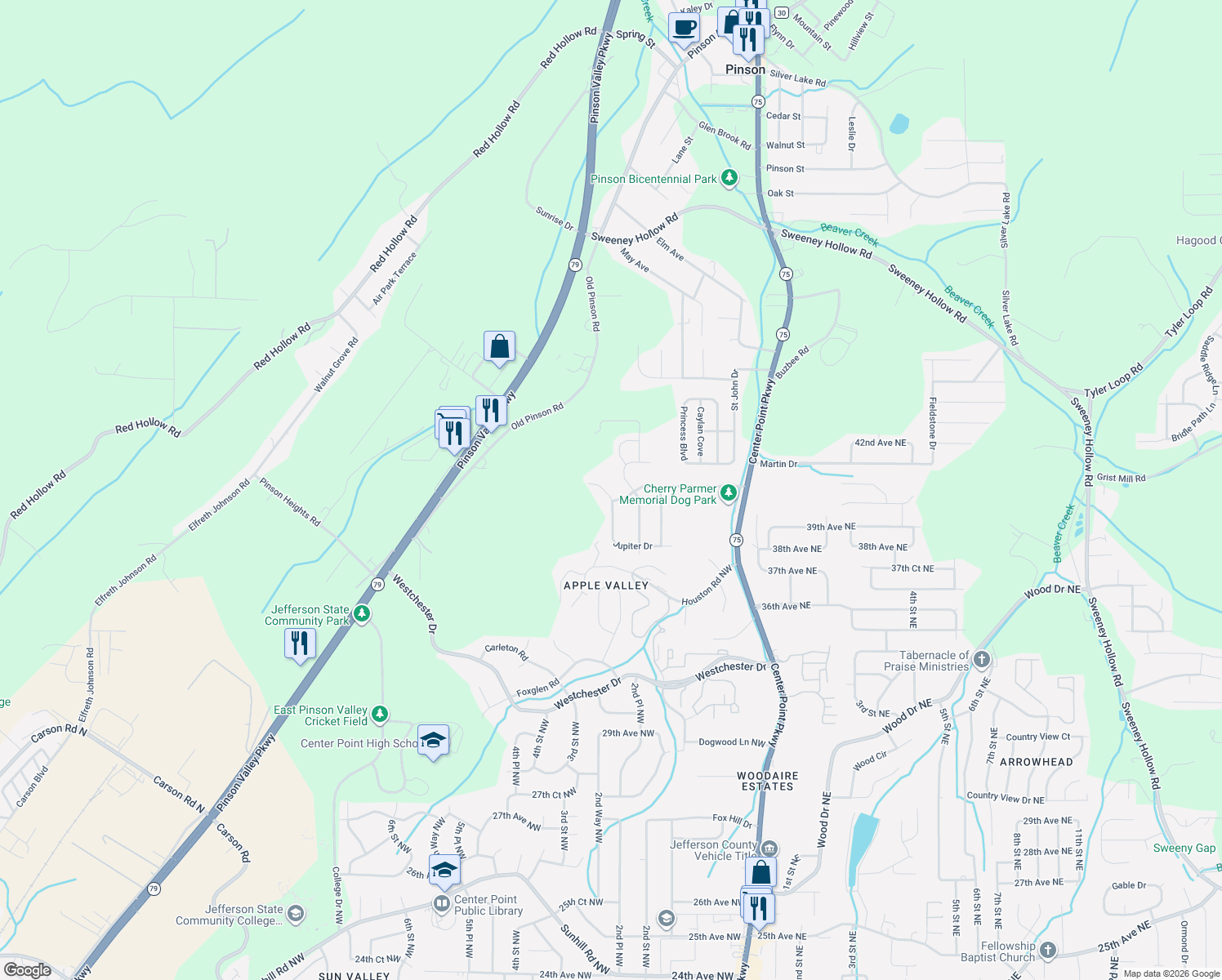 map of restaurants, bars, coffee shops, grocery stores, and more near 277 Jupiter Drive in Center Point