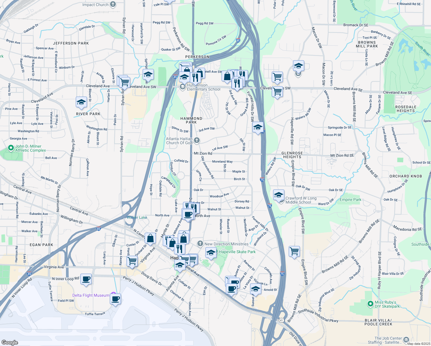 map of restaurants, bars, coffee shops, grocery stores, and more near 344 Maple Street in Atlanta