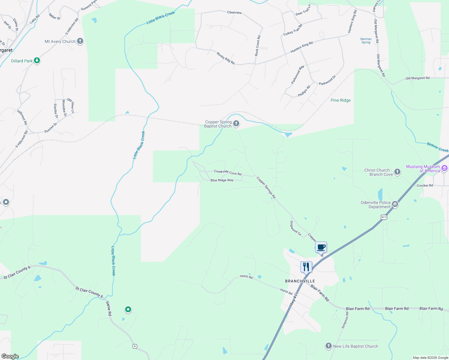 map of restaurants, bars, coffee shops, grocery stores, and more near Blue Ridge Way in Odenville