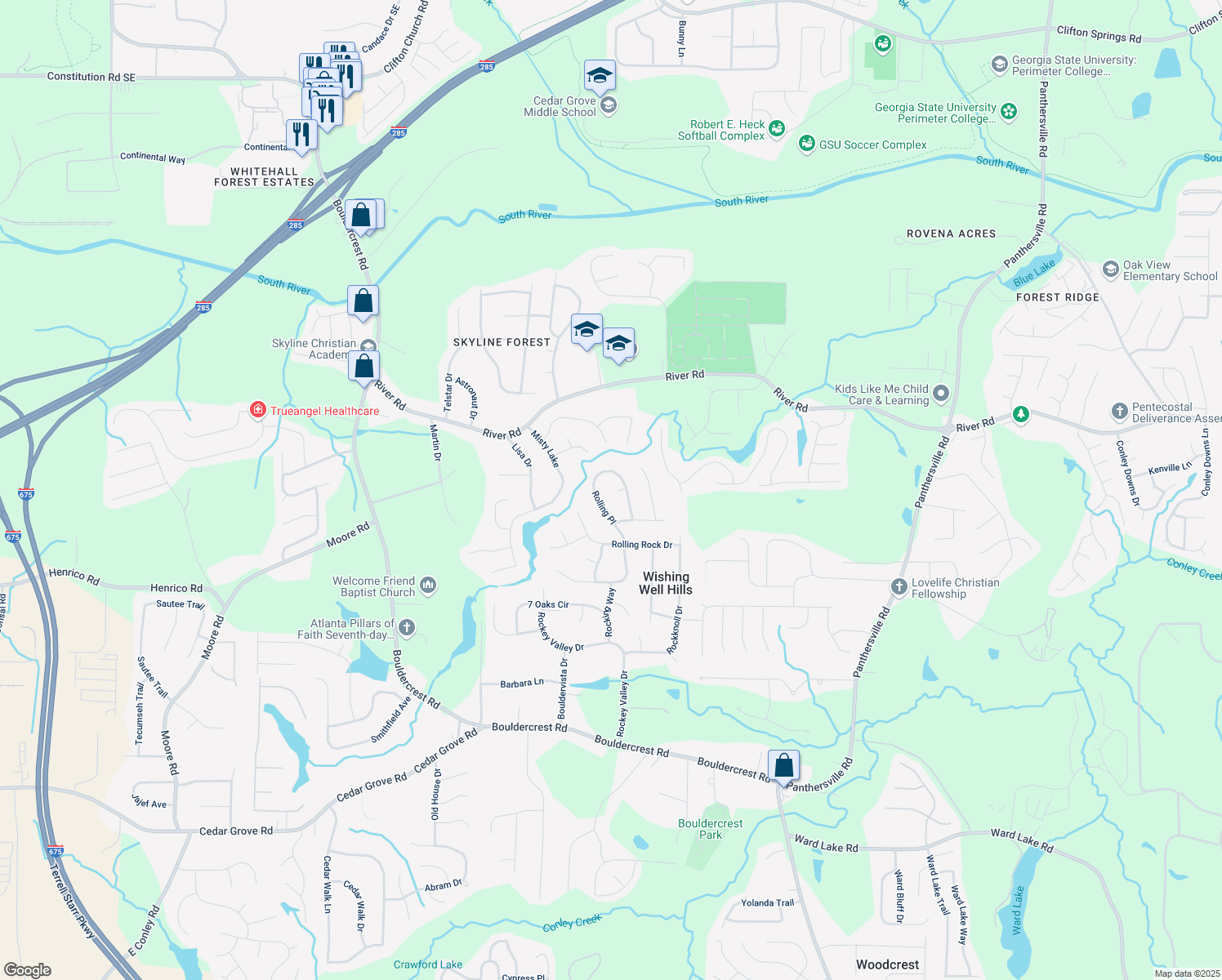 map of restaurants, bars, coffee shops, grocery stores, and more near 2312 Rolling Rock Court in Conley