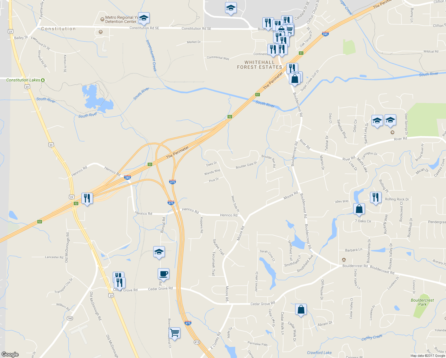 map of restaurants, bars, coffee shops, grocery stores, and more near 1987 Pius Drive in Ellenwood