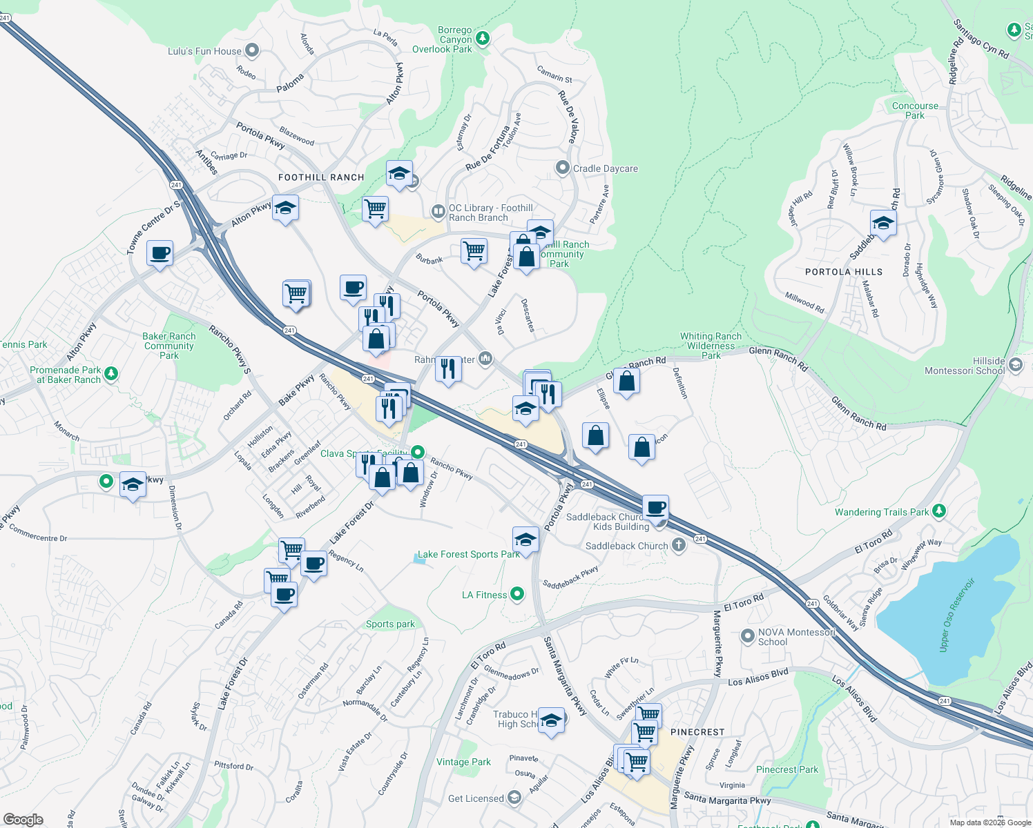 map of restaurants, bars, coffee shops, grocery stores, and more near 27422 Portola Parkway in Lake Forest