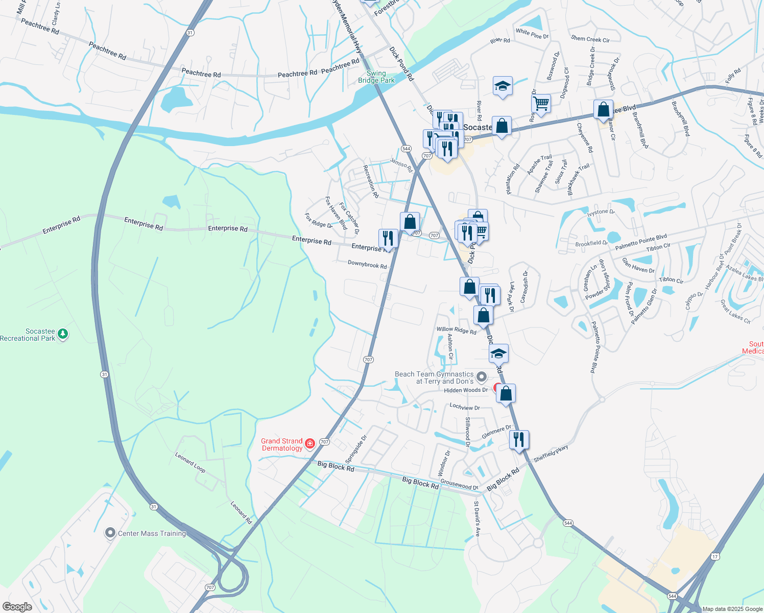 map of restaurants, bars, coffee shops, grocery stores, and more near 6602 Highway 707 in Myrtle Beach