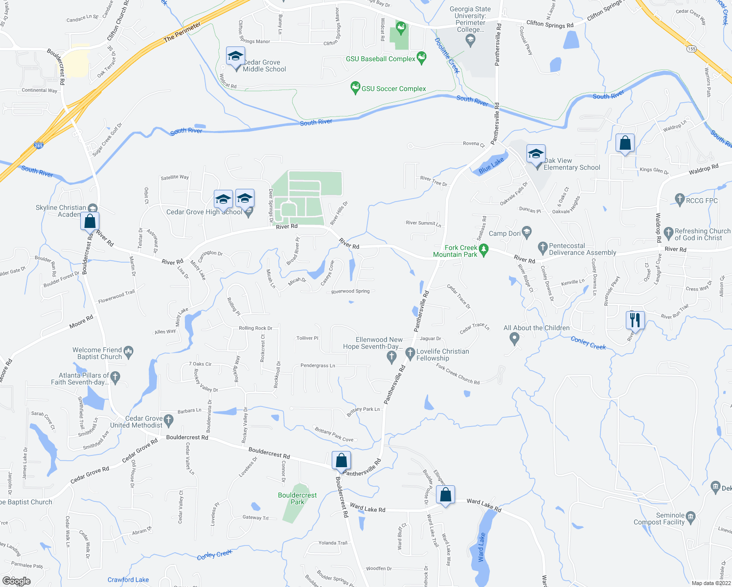map of restaurants, bars, coffee shops, grocery stores, and more near 2577 Riverwood Spring in Ellenwood
